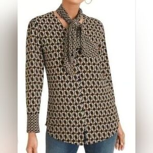 Chicos Sz 2 Geometric Link Print Removable Scarf Blouse Button *VGUC Nwot